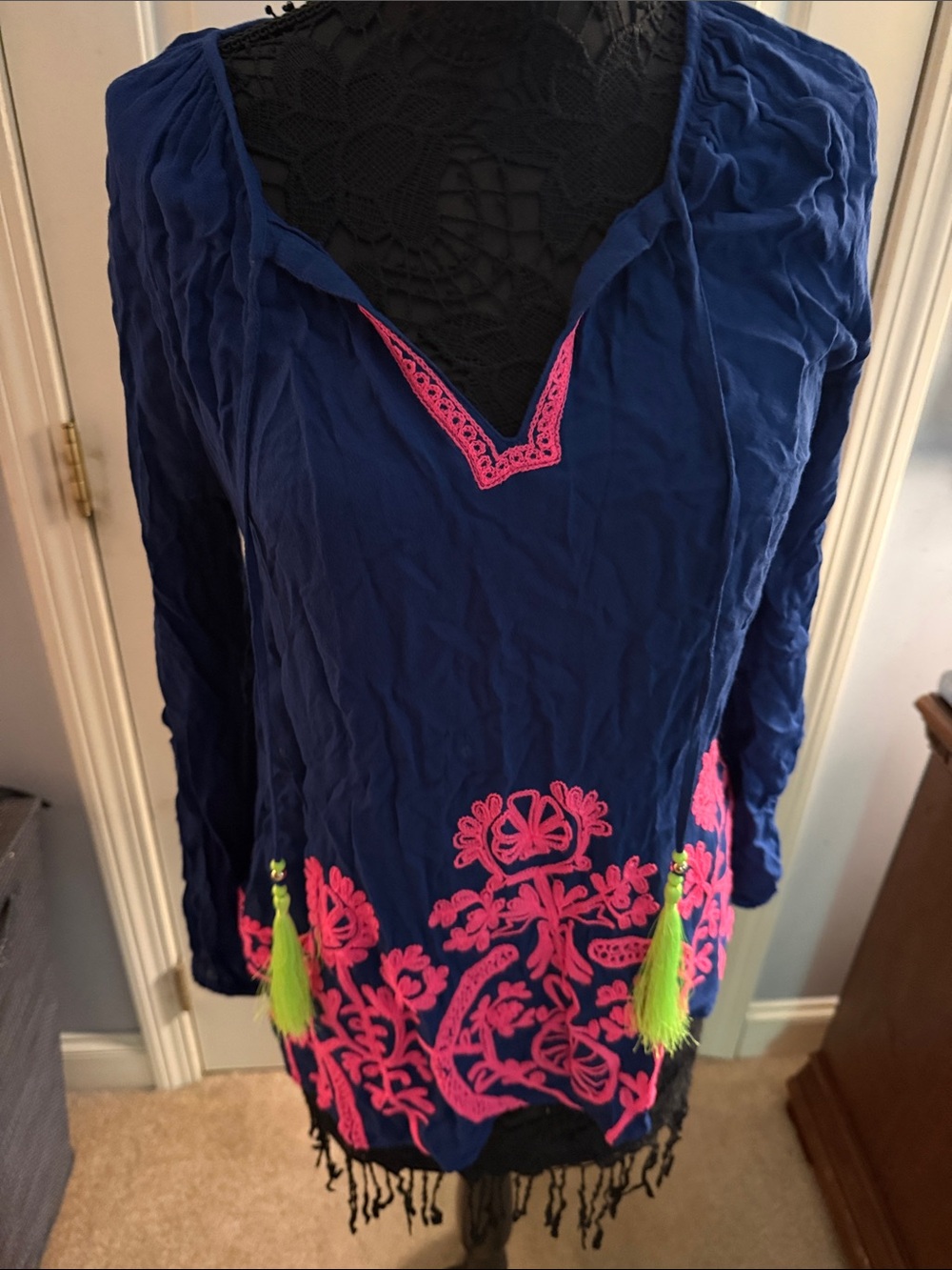 Lilly Pulitzer Navy Tunic with Hot Pink Embroidery & Neon Green Tassels
